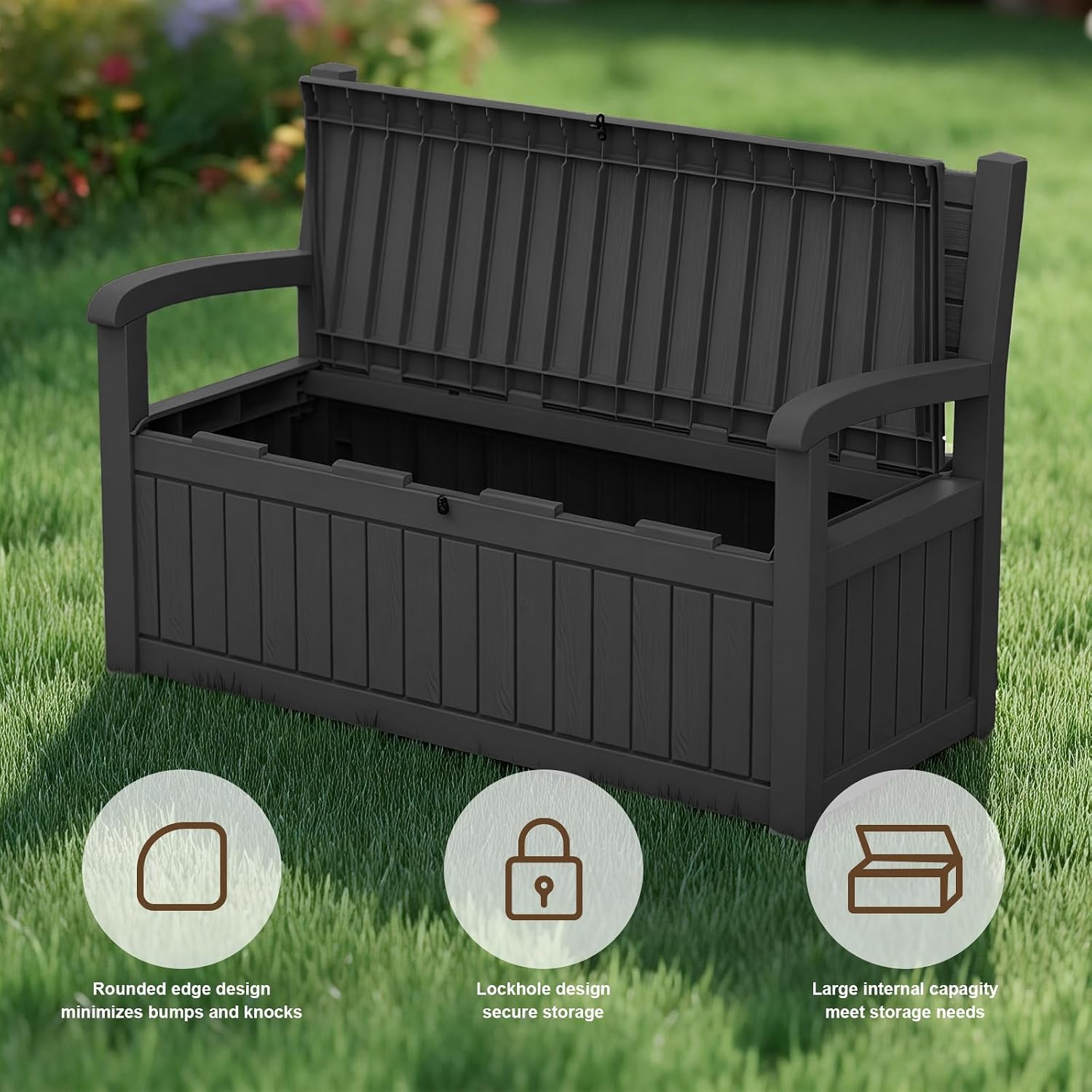 Black Wood‑Grain Lockable Storage Bench