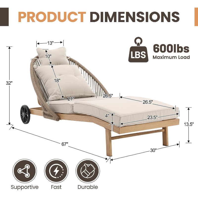 Khaki 2‑Pack Wicker Chaise Lounge Set with Wheels
