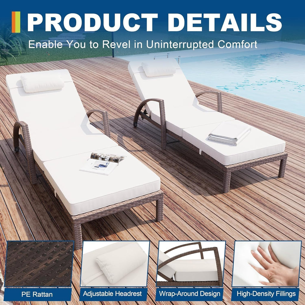 Beige 2‑Pack PE‑Rattan Chaise Lounge Set