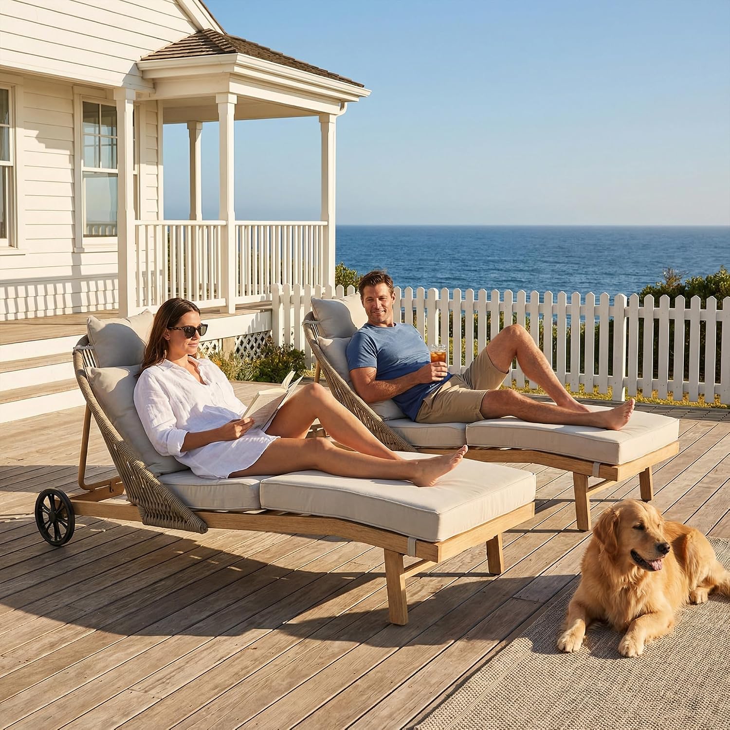 Khaki 2‑Pack Wicker Chaise Lounge Set with Wheels