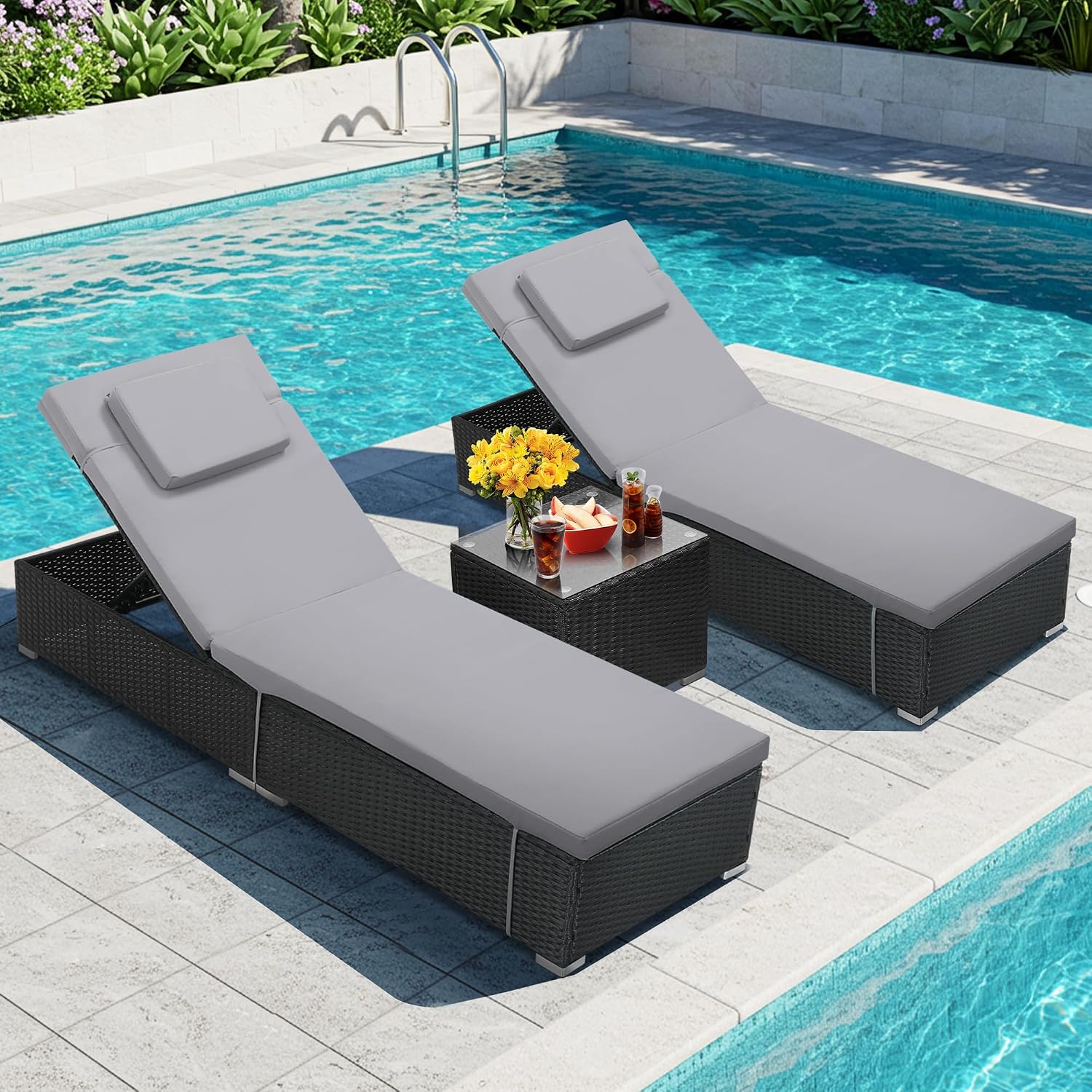 2‑Pack Outdoor Chaise Lounge Set with Side Table
