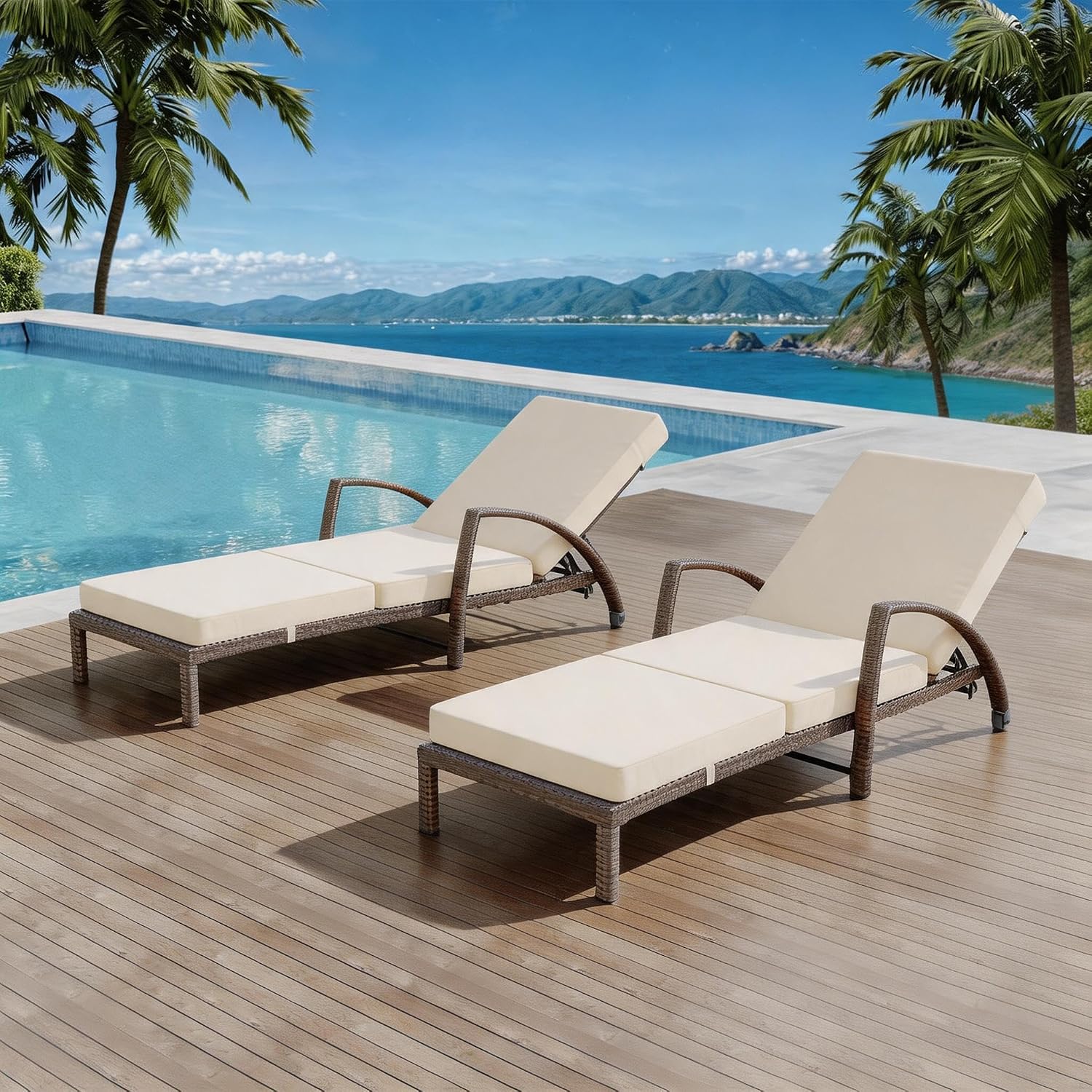 Beige 2‑Pack PE‑Rattan Chaise Lounge Set