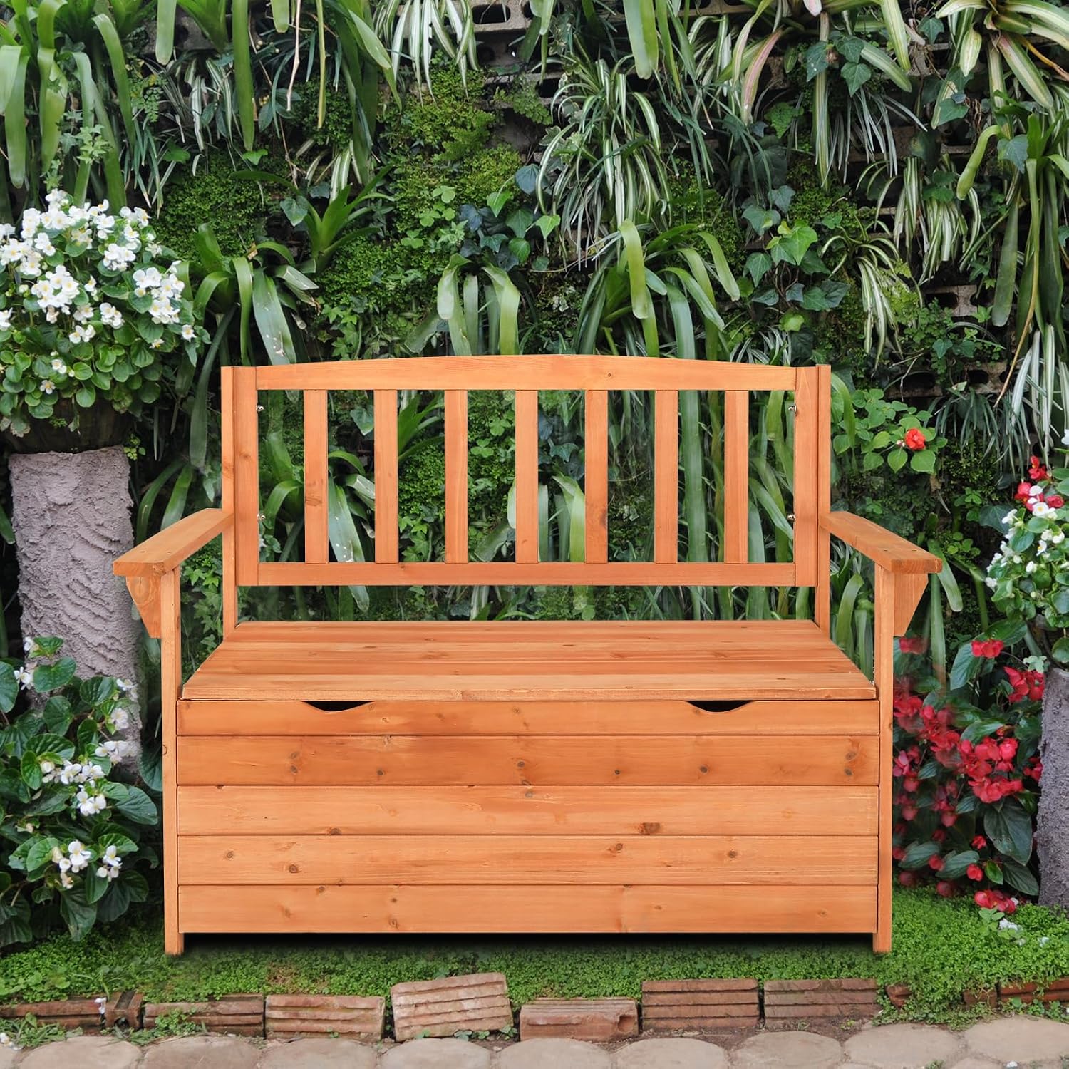 Wooden Outdoor Storage Bench with Armrests