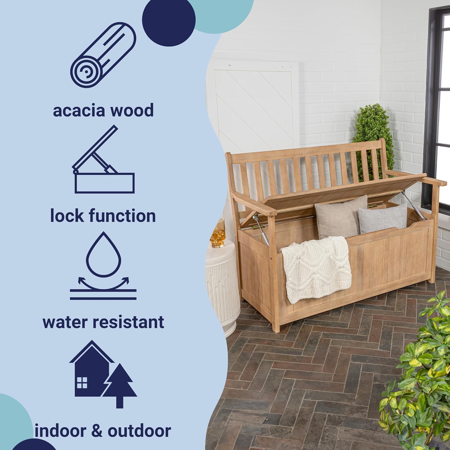 Light‑Teak Farmhouse Acacia Storage Bench