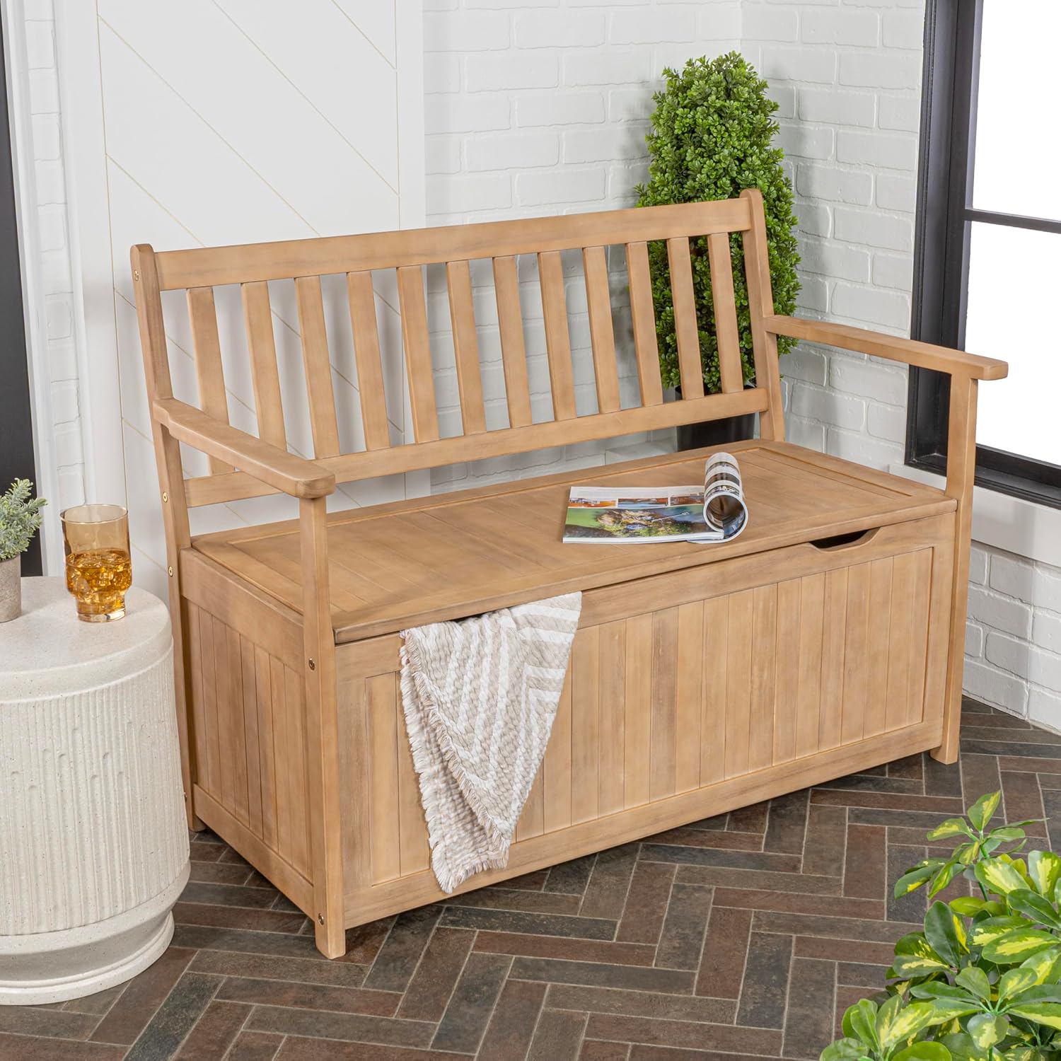 Light‑Teak Farmhouse Acacia Storage Bench
