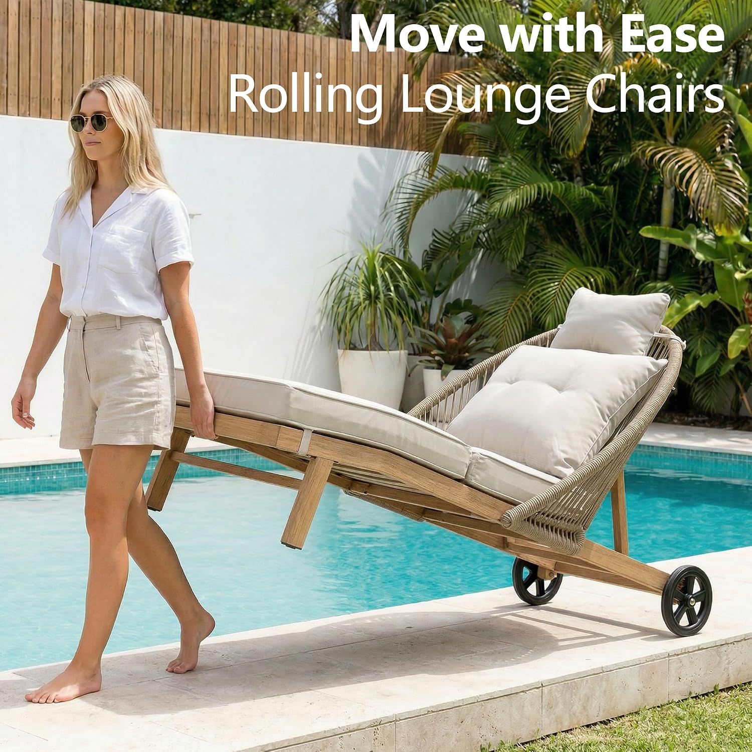 Khaki 2‑Pack Wicker Chaise Lounge Set with Wheels
