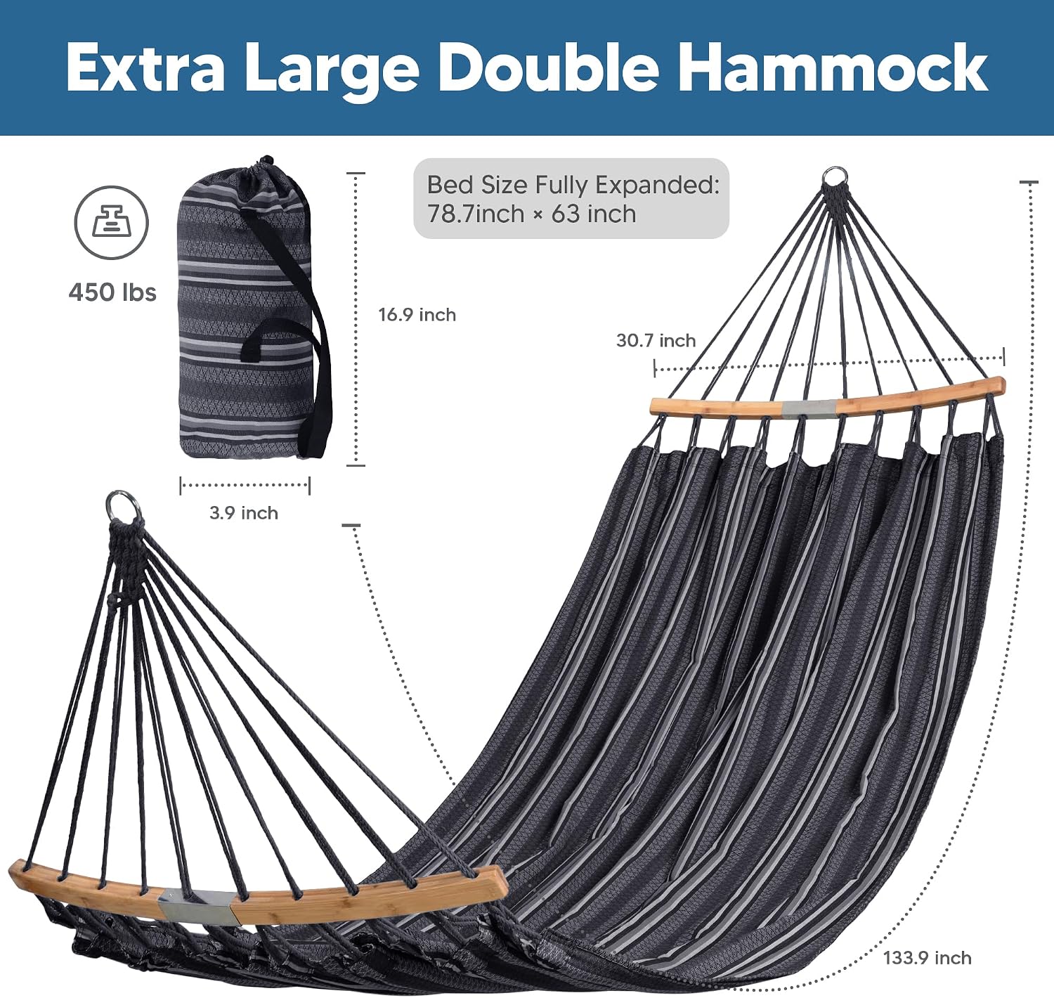 Dark Gray Curved Spreader‑Bar Double Hammock