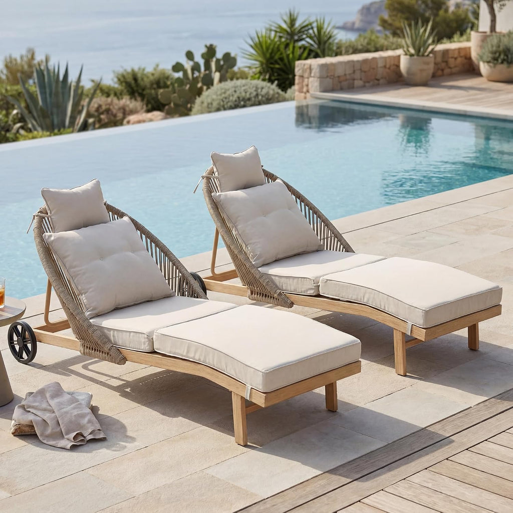 Khaki 2‑Pack Wicker Chaise Lounge Set with Wheels