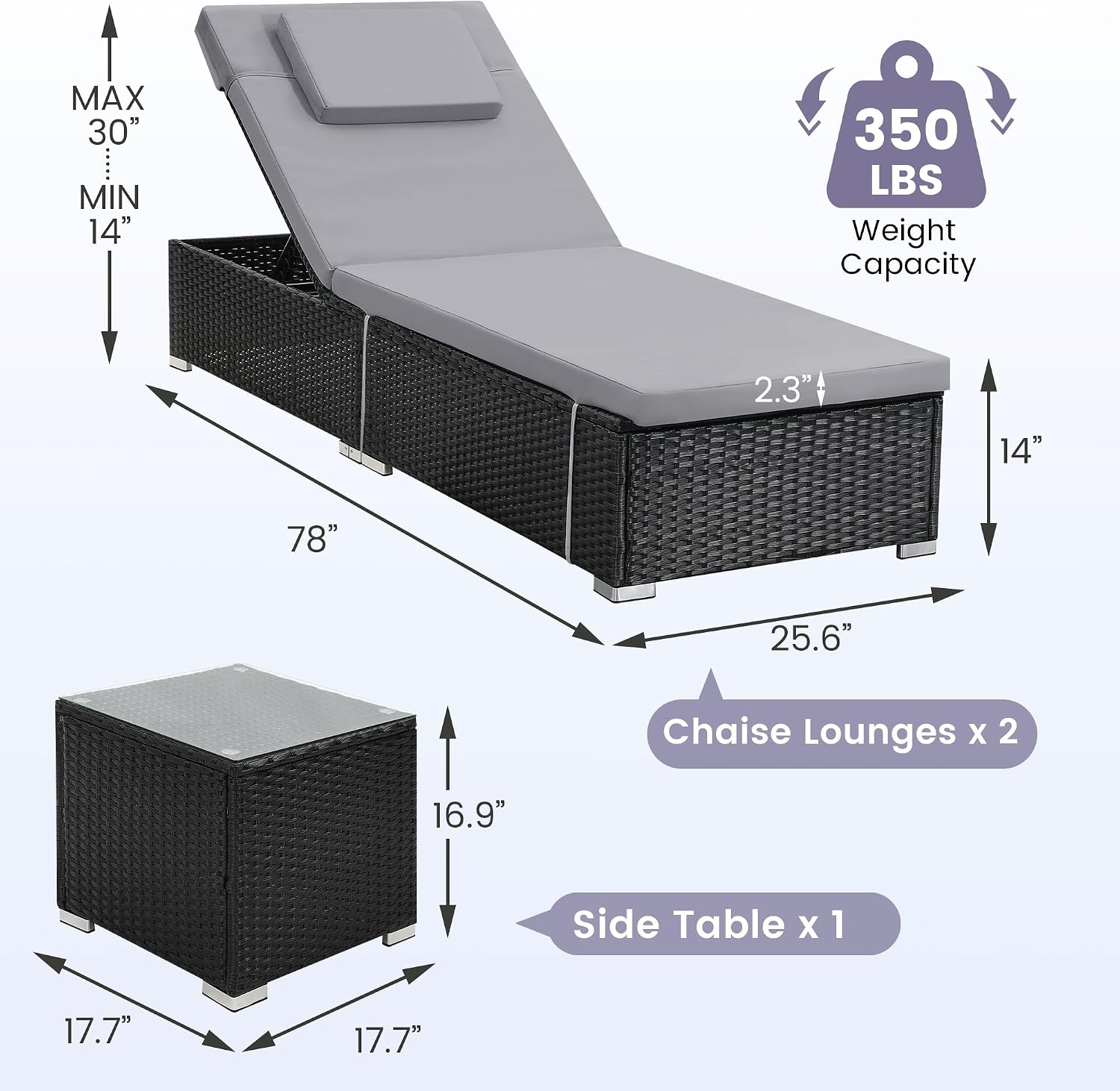 2‑Pack Outdoor Chaise Lounge Set with Side Table