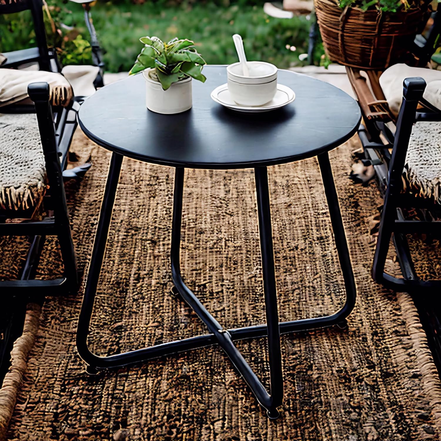 Black Round Portable Metal Outdoor Side Table