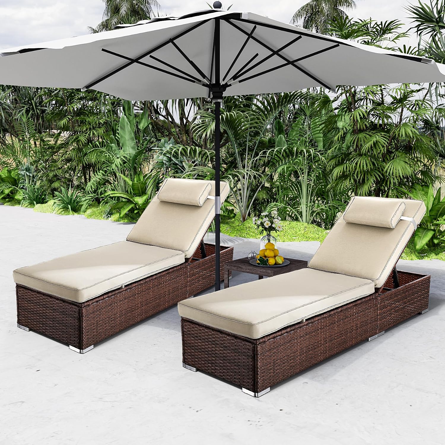 Dark‑Beige‑Brown 2‑Pack PE‑Rattan Chaise Lounge Set