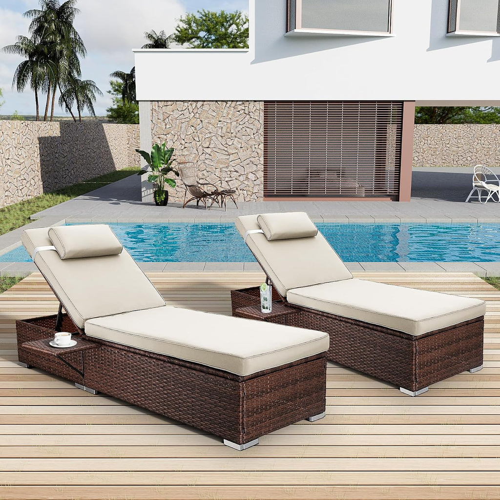 Dark‑Beige‑Brown 2‑Pack PE‑Rattan Chaise Lounge Set