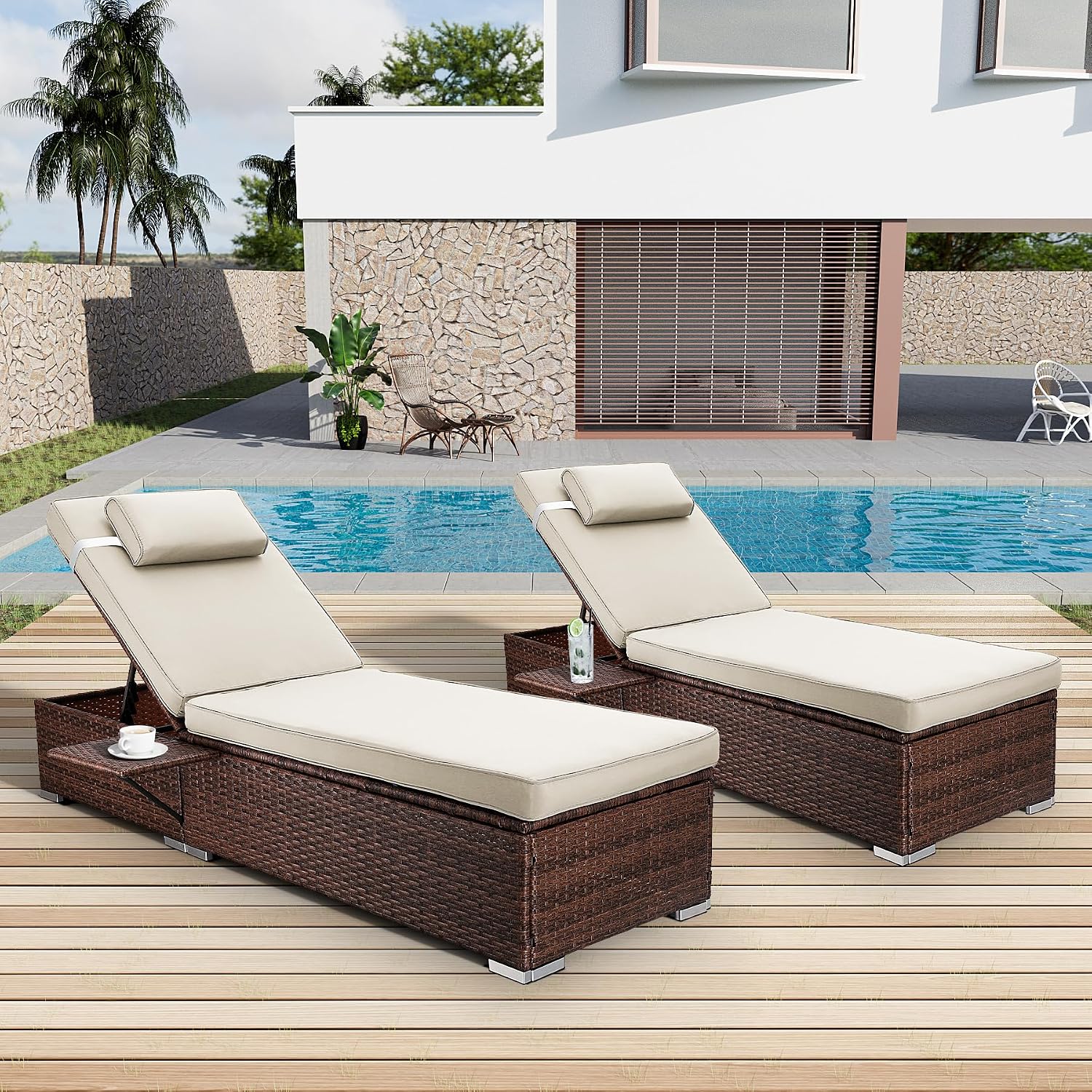 Dark‑Beige‑Brown 2‑Pack PE‑Rattan Chaise Lounge Set