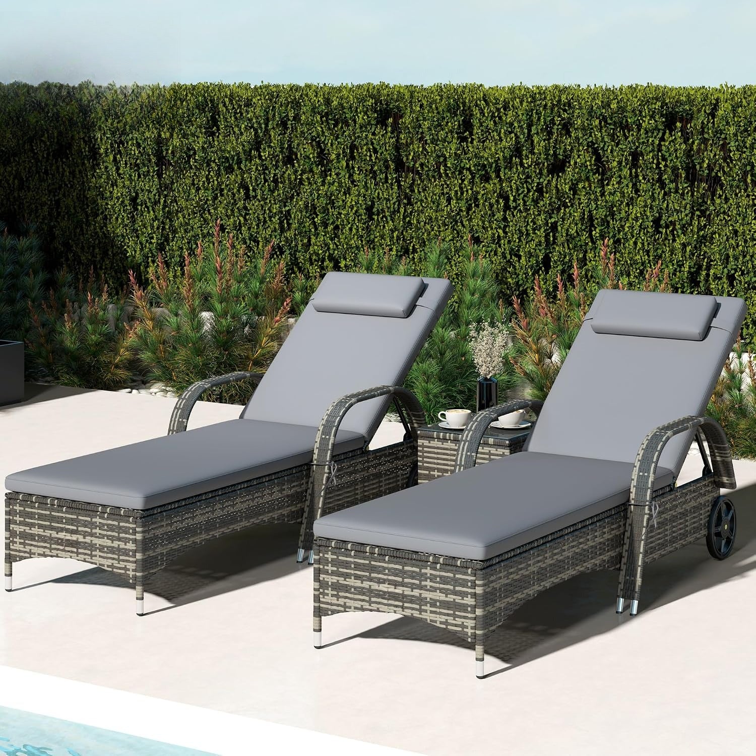Gray 3‑Pack Wicker Outdoor Chaise Lounge Set